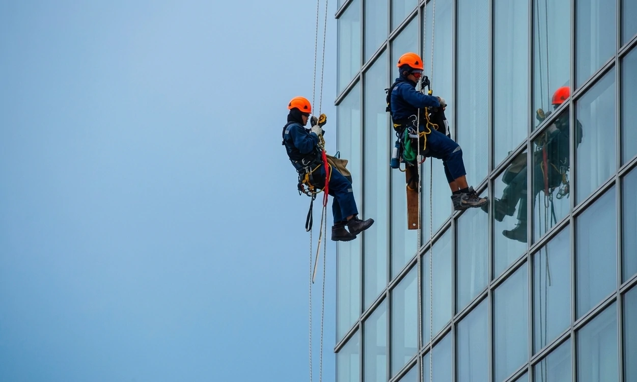 Trabajo de limpieza de cristales en fachada acristalada con descuelgue vertical